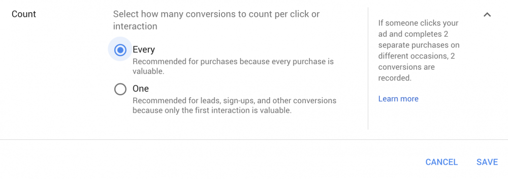 screen shot of ecommerce conversion count