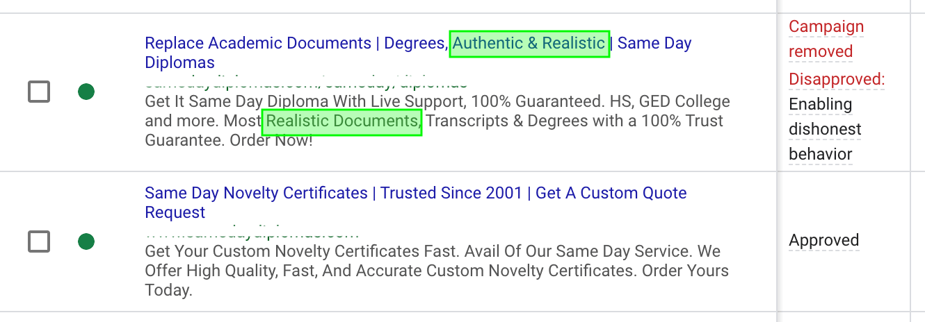 The difference between our original ads and the new approved ads. 
