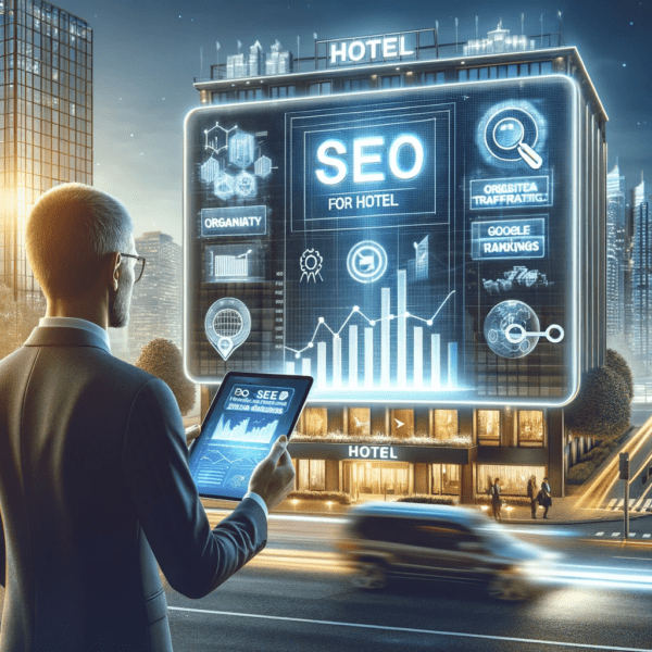 seo for hotels, a hotel with a big screen on it