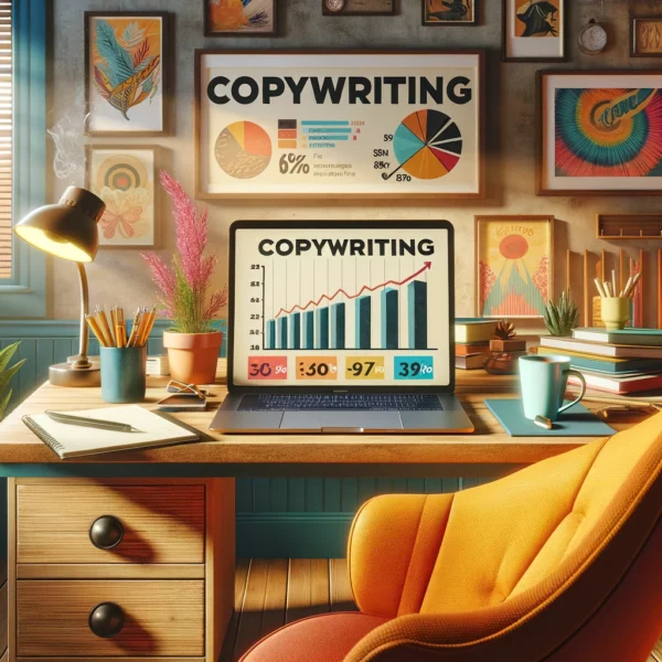 warm, welcoming, and slightly bold home office setting. It illustrates the power of copywriting in driving revenue, showing a workspace where creative writing is a key tool for business growth