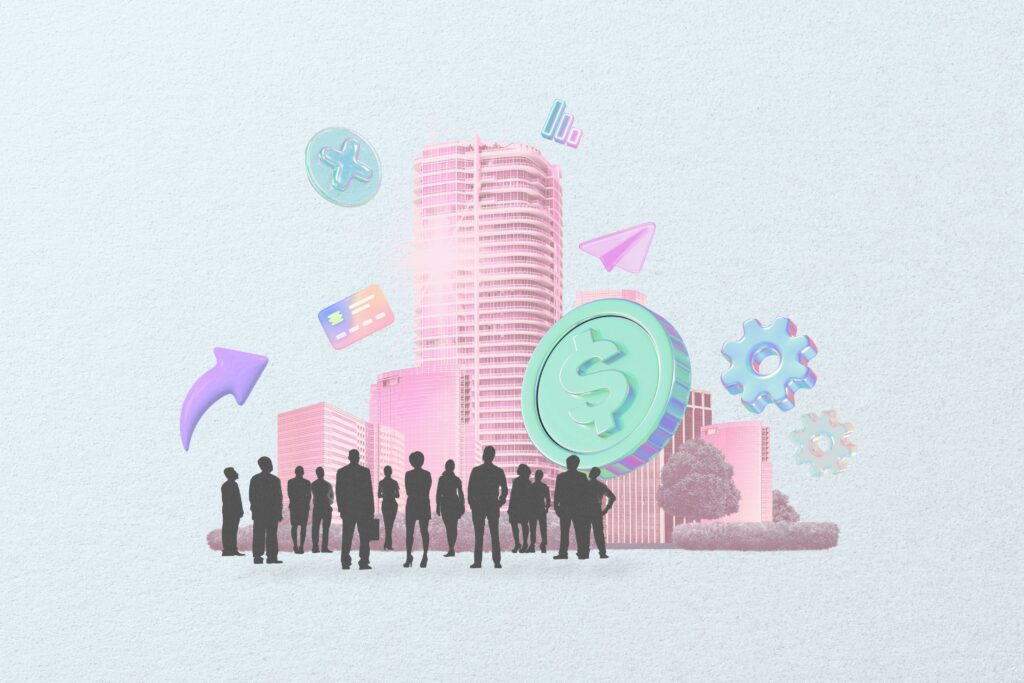 Illustration of people standing in front of a building with dollar signs, arrows and a paper airplane