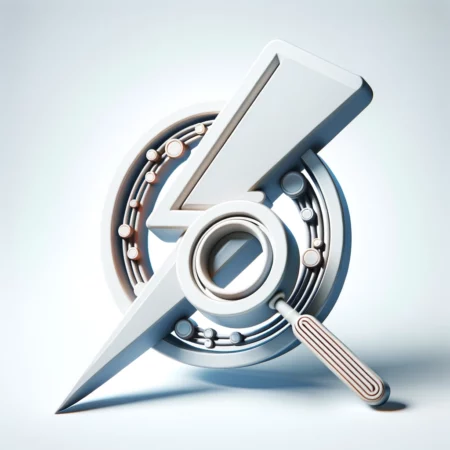 3D image of a stylized lightning bolt, intertwined with symbols representing SEO, including a magnifying glass and abstract search result icons, all set against a solid white background.