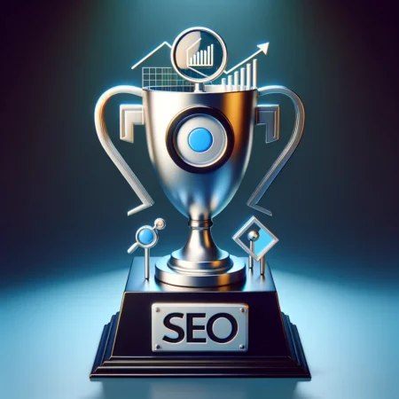 Photo-realistic image of a modern, sleek trophy designed for excellence in SEO, featuring symbols like a magnifying glass, a graph, and a search engine icon. The trophy is prominently displayed on a pedestal, symbolizing achievement and recognition in the field of search engine optimization.