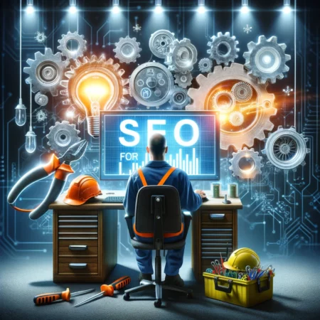 image depicting an electrician focused on a computer with SEO analytics displayed, amidst a backdrop of electrical tools and intricate gears, metaphorically illustrating the detailed and complex nature of SEO in the electrical industry.