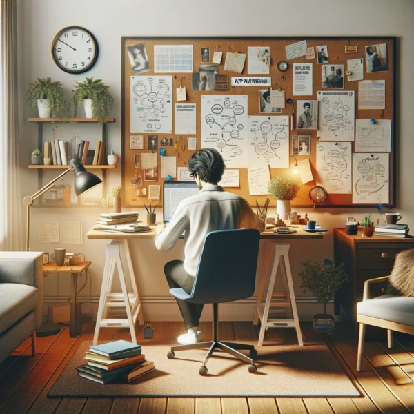 cozy and inviting workspace, illustrating the process of copywriting