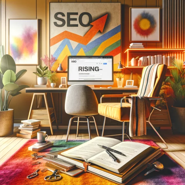 warm, welcoming, yet bold home office setting, symbolizing the impact of copywriting on increasing search engine rankings