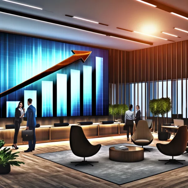 with a focus on a positive and upward trajectory. Set in a modern, well-lit corporate office feature a large display screen showing a graph with an upward-trending arrow, symbolizing successful and growing ROI, within a warm and welcoming office environment.