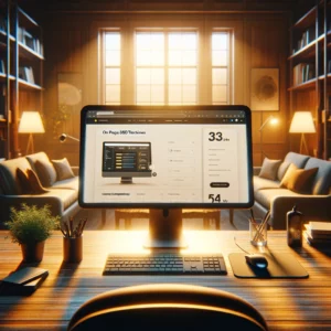 The setting is a warm and inviting office environment, with a focus on a computer screen displaying on-page SEO tools.