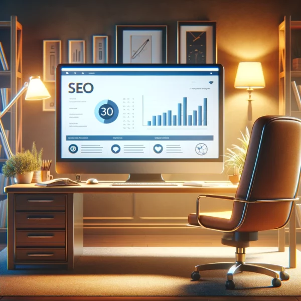 The photorealistic square image, designed for a sales page and depicting an office setting with a PC computer workstation displaying SEO reports,