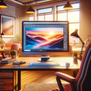 The PC screen displays a vibrant, visually appealing image that symbolizes creative and effective content development for WordPress, in a warmly lit and welcoming office environment.