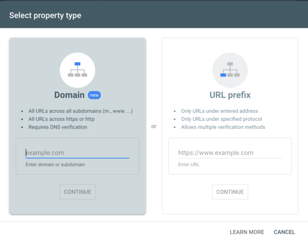 google search console property types