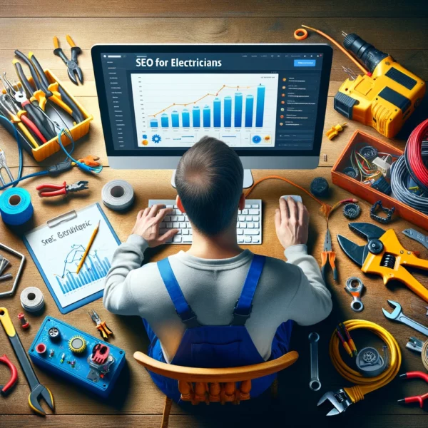 Photo-realistic image of an electrician working attentively at a computer, displaying colorful SEO analytics graphs and charts on the screen, set against a backdrop of various electrical tools and equipment, highlighting the integration of technical electrical skills with advanced digital marketing strategies