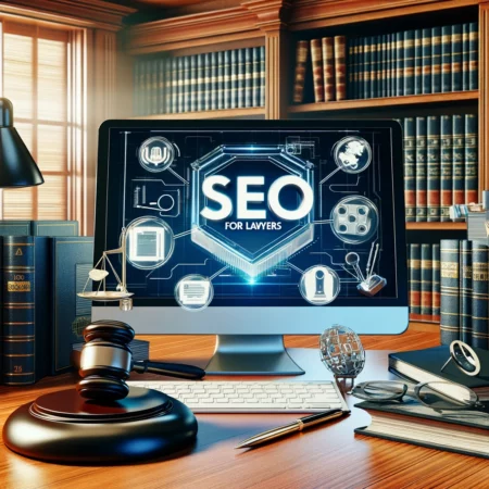 Photo-realistic image of a modern lawyer's office, featuring a computer screen displaying SEO analytics tailored for legal services. The setting includes classic legal elements like law books, a gavel, and legal documents, complemented by digital marketing tools and symbols, illustrating the integration of legal expertise with advanced SEO strategies.