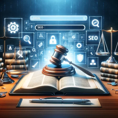 image illustrating SEO keywords for lawyers, depicting the process of keyword research and selection for legal services. The image seamlessly integrates legal elements like scales of justice, legal documents, and a gavel with digital elements like keyword icons and search bars, offering a realistic representation of identifying relevant SEO keywords for lawyers.