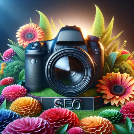 a camera sits in a bed of flowers with a sign for seo.