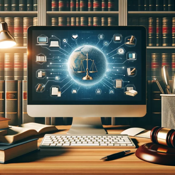 Photo-realistic image of a computer in a lawyer's office, featuring a professional legal workspace with a computer monitor displaying legal research or documents. The desk is adorned with law books, a gavel, and legal documents, harmonizing technology with the traditional legal environment.