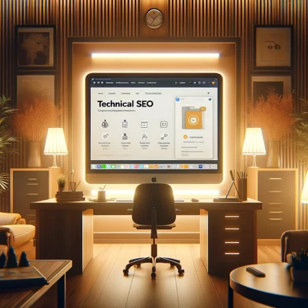 The setting is a warm and inviting office environment, with a focus on a computer screen displaying technical SEO tools