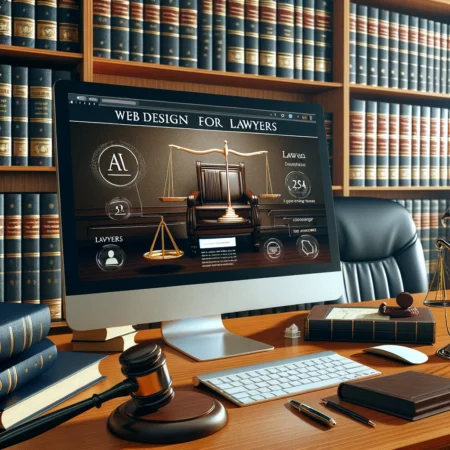 featuring a modern web design workspace in a lawyer's office with a computer monitor displaying a lawyer's website design. The image includes meticulously detailed elements such as a lawyer's office desk, legal documents, a gavel, and law books, emphasizing the legal profession. Web design tools and symbols are seamlessly integrated, highlighting the realistic integration of legal expertise with web design services.