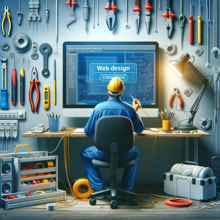 electrician intently working on web design at a computer, with a detailed web design interface visible on the screen. The workspace is professionally set up, surrounded by electrical tools and equipment, highlighting the blend of electrical expertise with digital web design skills.