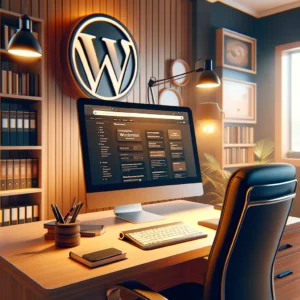 a computer with wordpress loaded and the wordpress logo on the wall